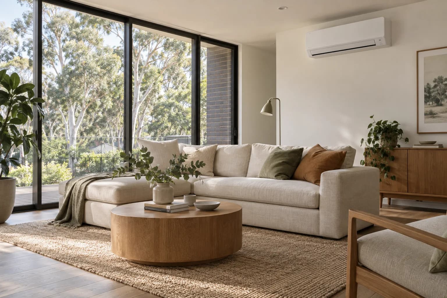 Living room with a wall-mounted split system, large windows and natural light