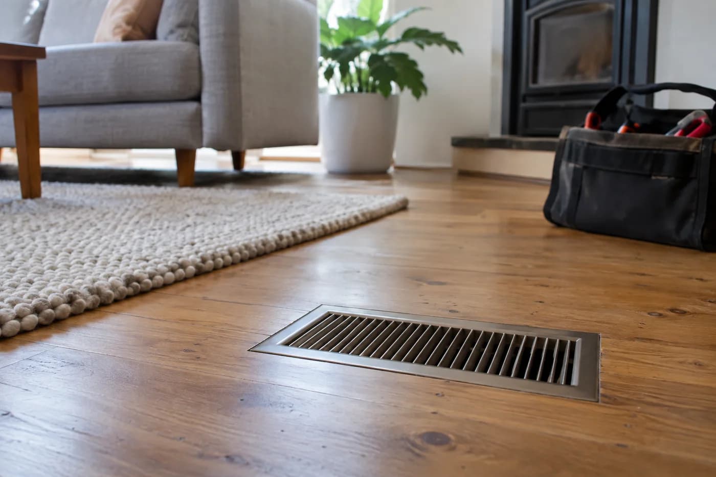 Floor heating register set into timber floorboards in a family living room